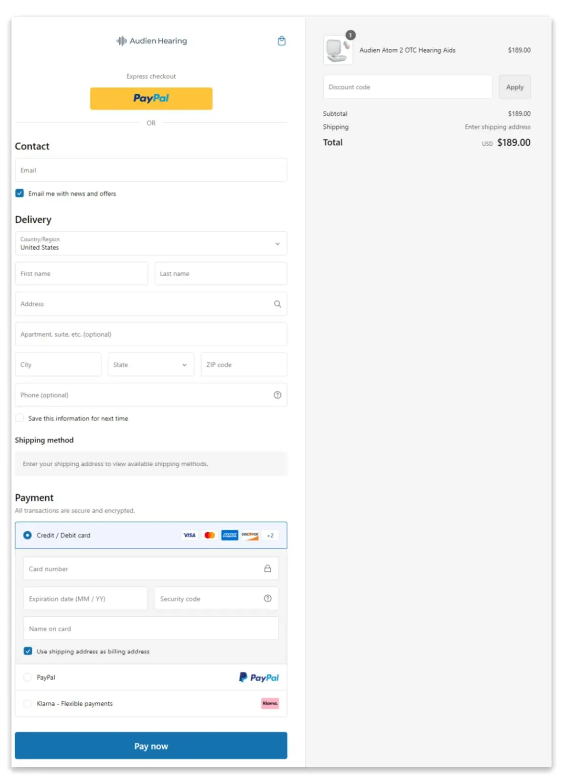 Audien hearing aids checkout page